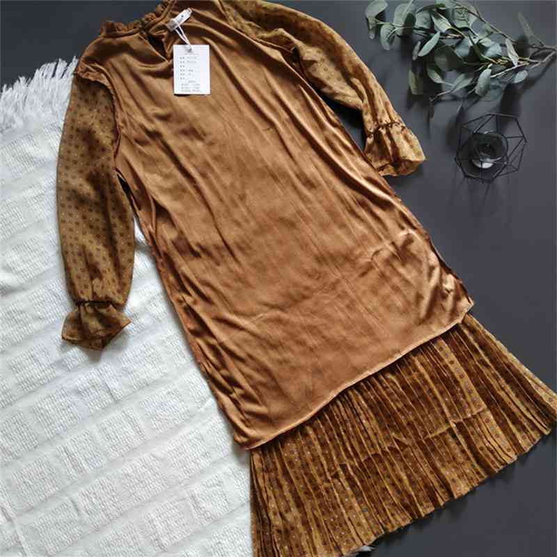 Women chiffon dress autumn winter female elegant vintage long sleeve printed pleated office lady casual loose es 210423
