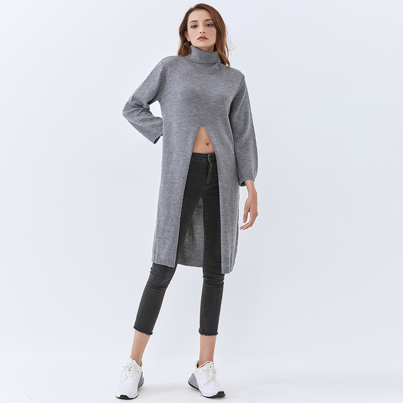 Loose Black Knitted Pullover For Women Turtleneck Long Sleeve Front Split Casual Sweater Female Fall Style 210524