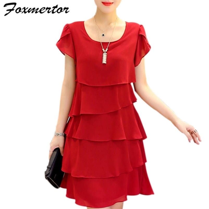 New Women Plus Size 5XL Summer Dress Loose Chiffon Cascading Ruffle Red Dresses Causal Ladies Elegant Party Cocktail Short 210409