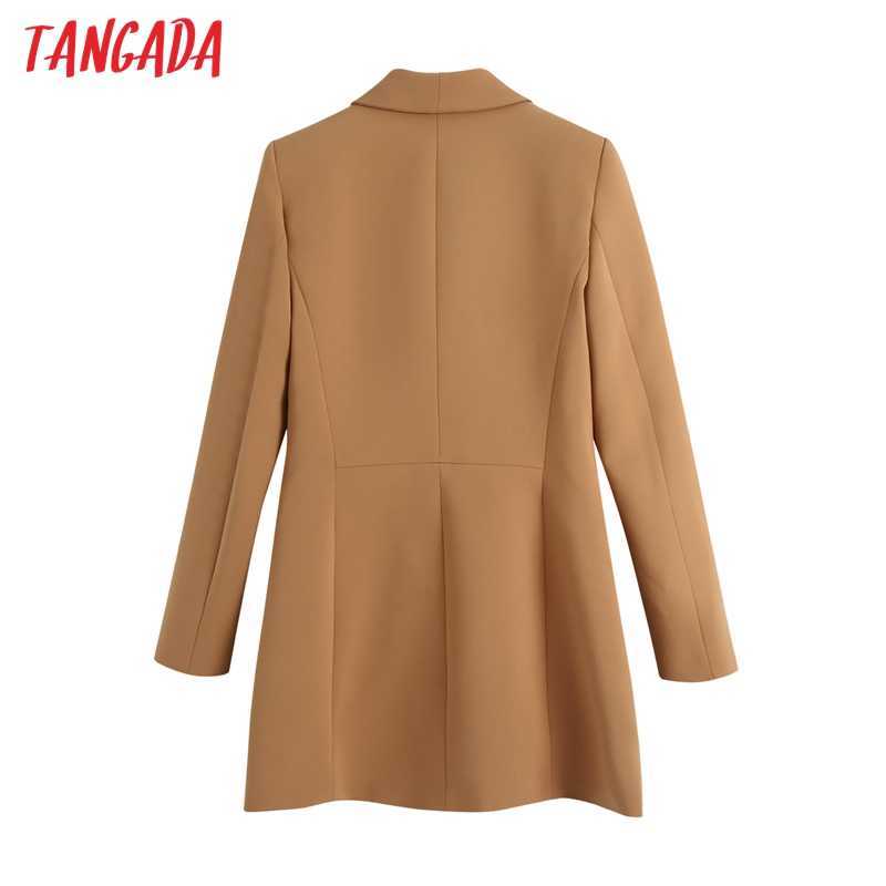 Tangada Women Fashion Solid Long Blazer Coat Vintage Double Breasted Sleeve Female Outerwear Chic Tops BE1 210930