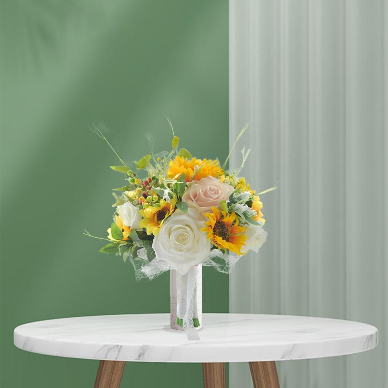Artificial Sunflower Rose Bouquet Bride Holding Flower Silk Wedding Linen Handmade Simulation Bouquets Home Party Decor Decorative Flowers &