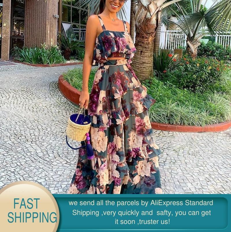 Women Spring Summer Dress Sleeveless 2 Piece Set Bohemian es Holiday Vestidos Chic Plus Size Beach Floral Print Rode 210428