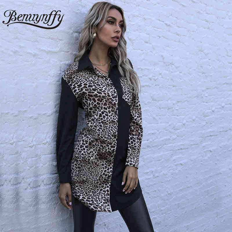 Turndown Collar Leopard Color Block Long Shirt Women Spring Sleeve Button Up Casual Blouse Without Belt 210510