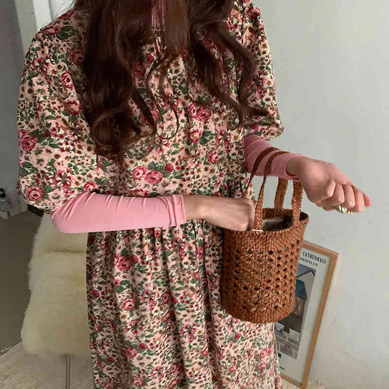Spring Women's Vintage Korean Style Floral Long Dress O Neck Half Puff Sleeve Loose Casual Elegant Mid-Length Dresses D13104X 210416