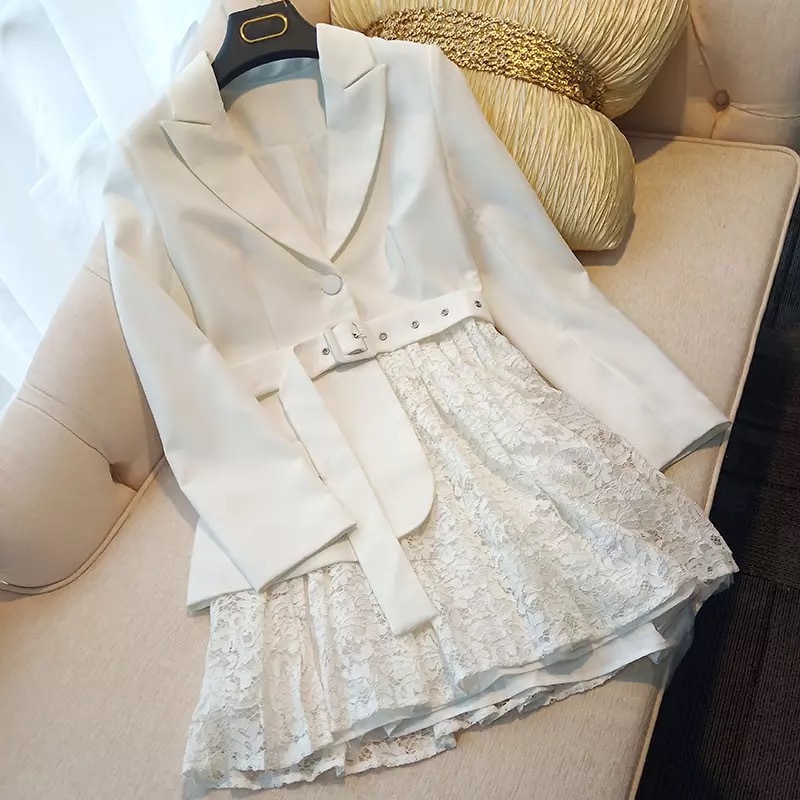 Spring Long Sleeve Fashion OL Style Suit Stitching Patchwork Lace Belt Women Party Mini Dress White vestido de mujer 210421