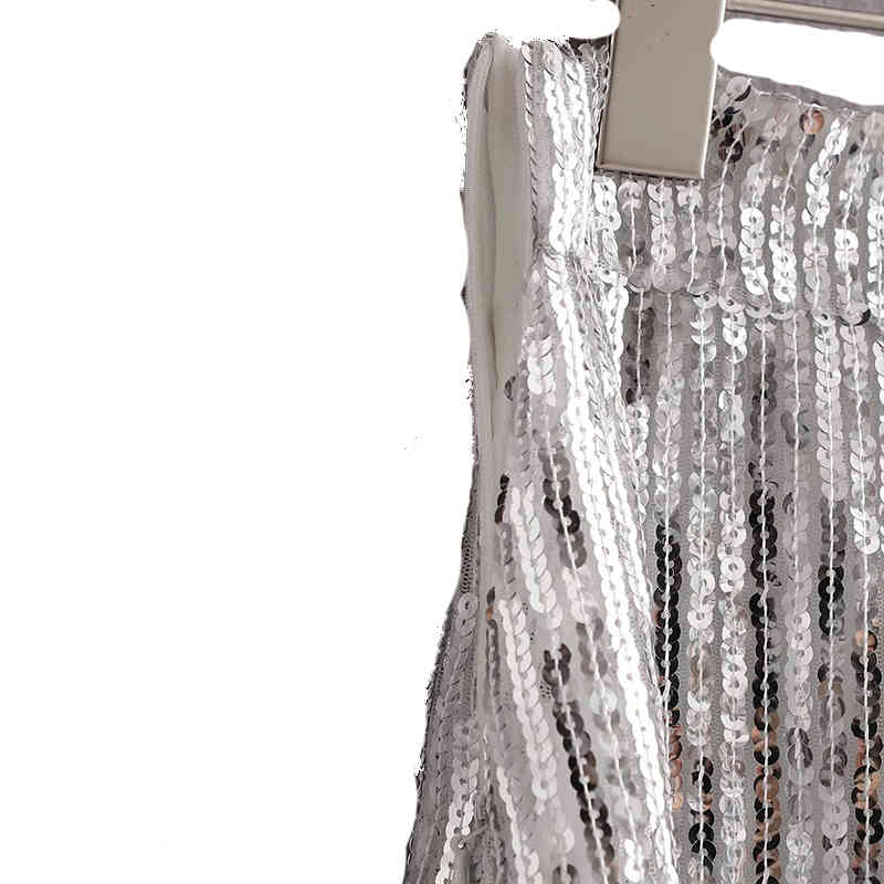 Women's Fashion Over-The-knee Sequined Temperament Fringe Skirt High Waist Mid-Length Slim Wrap Hips Silver Metal Bling 210521