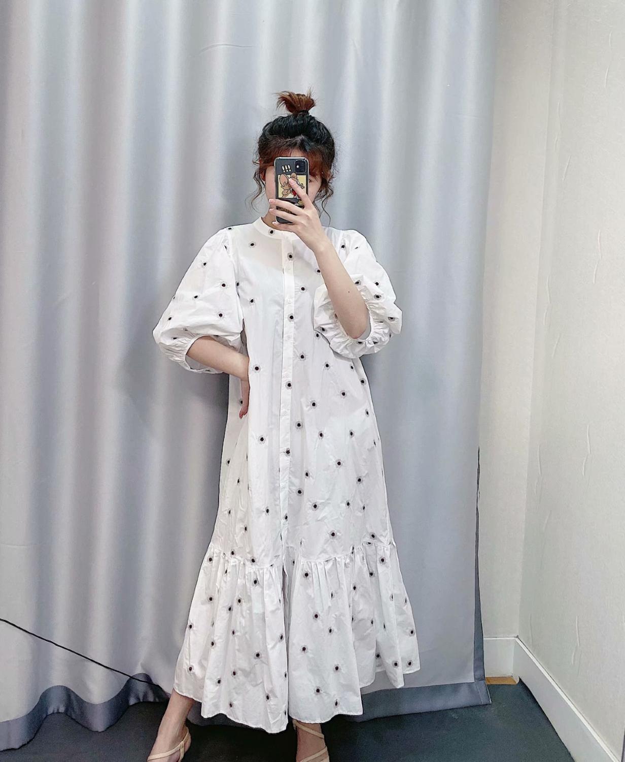 women vintage lantern sleeve flower embroidery midi shirtdress female hem pleats vestidos chic casual loose dresses DS3436 210409