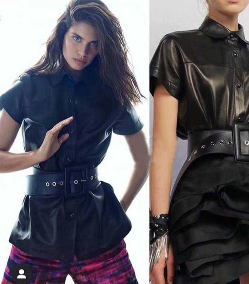 Free Black PU Leather Shirt Casual Lapel Short Sleeve Single Breasted Slim Belt Ladies Office Top 210524