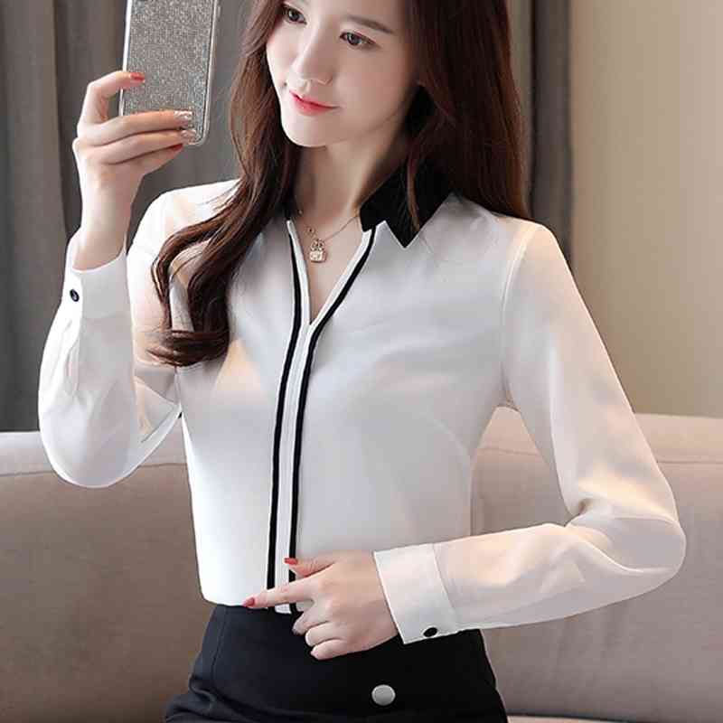Women Blouse ladies tops solid Chiffon White Shirt Women's Tops Long-sleeved V-Neck Blusas mujer de moda 938H 210420