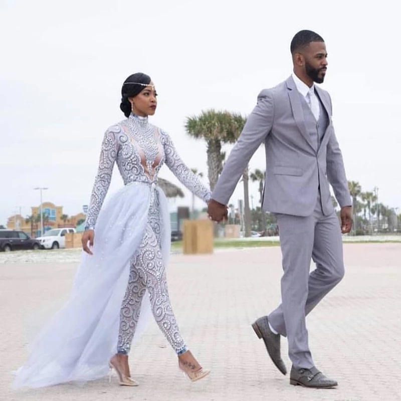 Wedding Dress Plus Size Jumpsuits Wedding Dresses With Detachable Train High Neck Long Sleeves African Beaded Bridal Gowns