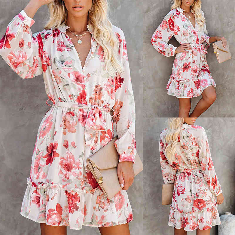 Women Dress Bandage Vintage Long Sleeve Printing Plus Size Sexy Flowers es Fashion 210513