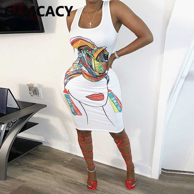 Women Cartoon Printed Bodycon Dress Sleeveless Slim Fit Plus Size Casual Dresses 210702