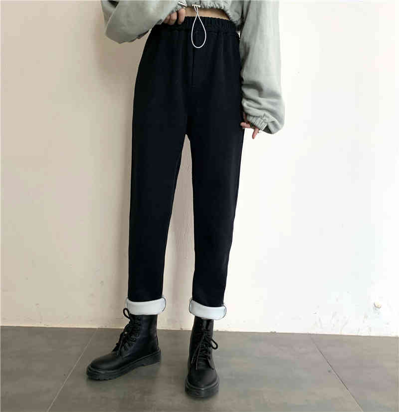 Nomikuma Autumn New Women Pants Plus Velet Causal Stretch High Waist Trousers Femme Korean Solid Long Thicken Pants 6C796 210427