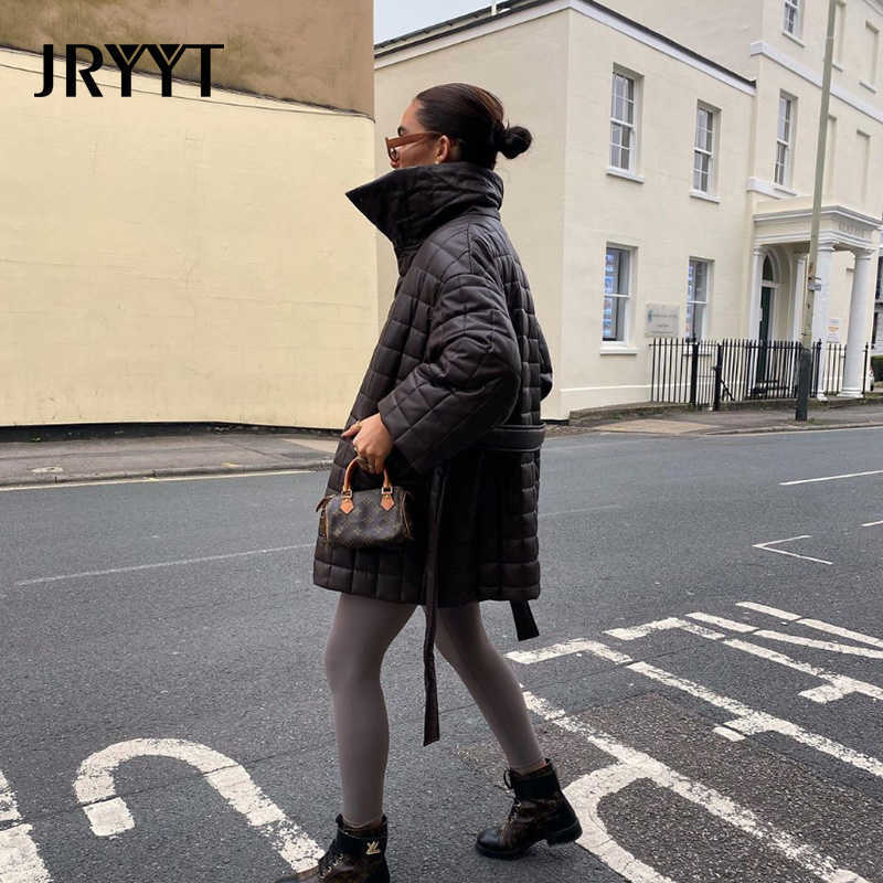 JRYYT PU Leather Oversized Belted Coats Women Winter Button Cotton Padded Parkas Mujer Office Lady Pocket Jackets Femme 210819