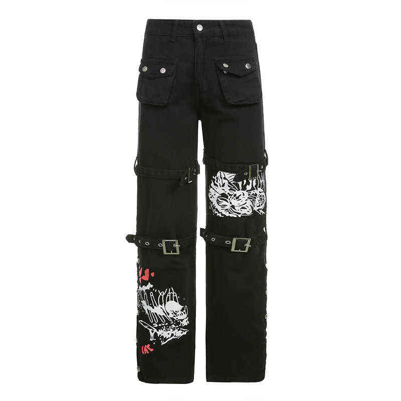 Gothic Bandage Streetwear Women Baggy Jeans Aesthetic Harajuku Y2K Print Black Denim Trousers Academia Hight Waist Cargo Pants 211115