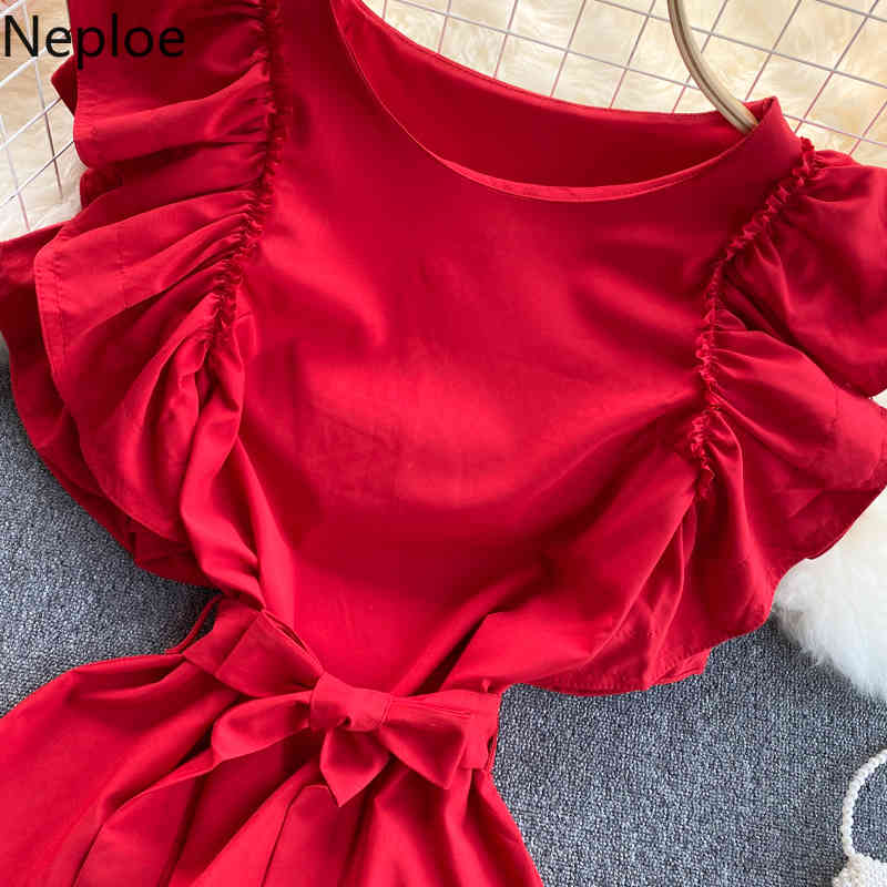 Neploe Women's Blouse Korean Summer Fashion O Neck White blouses High Street Ruffles Sleeveless Lace-up Slim Waist Chiffon tops 210422