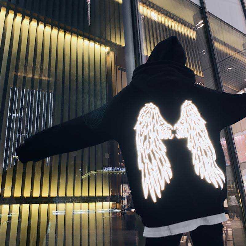 long sleeve reflective shirt Harajuku japan oversize black angel wing shiny cloth with a hood hoodies 210813