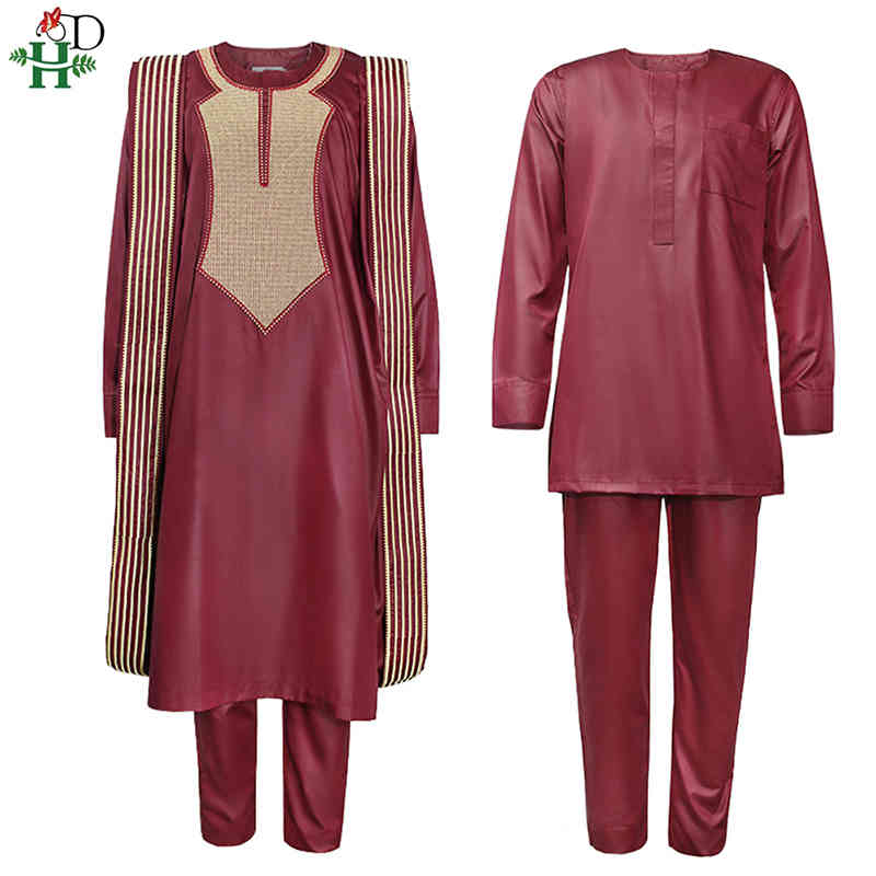 H&D African Agbada Suit For Men Embroidered Robes Dashiki Cover Shirt Pants 3 PCS Set Boubou Africain Homme Musulman Ensembles 210408