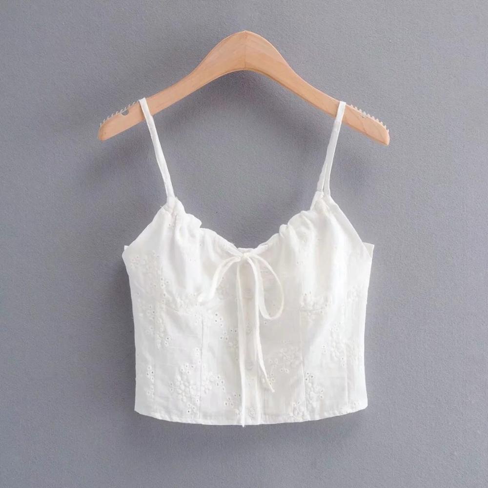 Embroidery Hollow Out Lacing up V neckline Camis Women Summer Ruched Short Tank Tops Retro Cool Girl Sexy Slim Crop Top Tees 210429