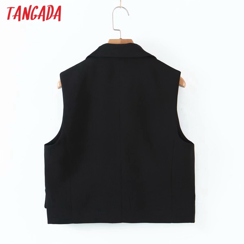 Women Black Double Breasted Crop Vest Jacket Ladies Wear Casual Suit Waistcoat Pockets Outwear Tops QD03 210416