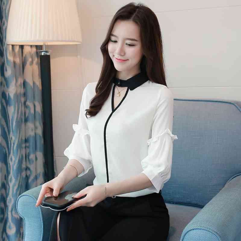 Summer Office Lady Fashion Women Blouses Shirts Chiffon Lantern Long Sleeve Solid Female Clothing Blusas 0485 30 210506