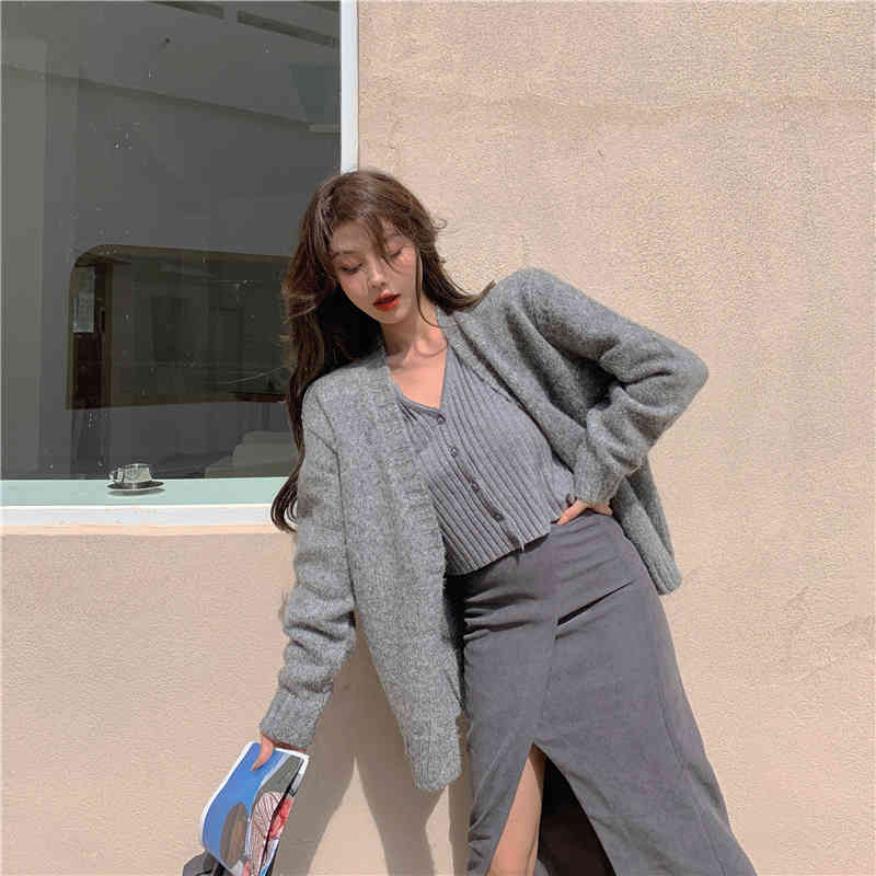 Autumn winter korean style soft knittd cardigans womens grey sweaters cardigans womans (R99460) 210423