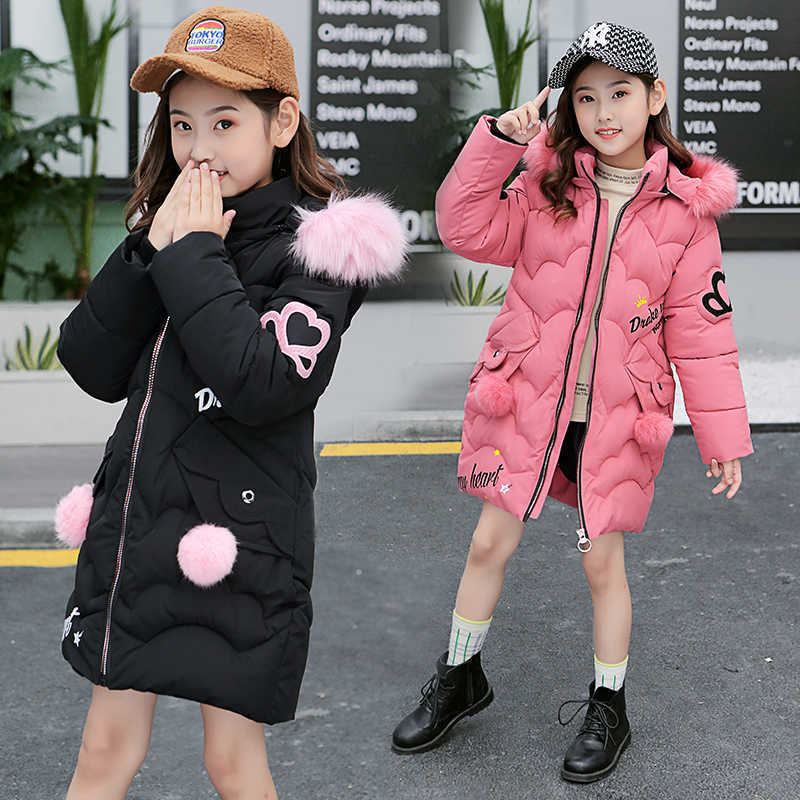 Teen Young Girls Warm Coat Winter Parkas Outerwear Teenage Outfit Children Kids Girls Fur Hooded Jacket for 5 6 8 10 12 Years 210812