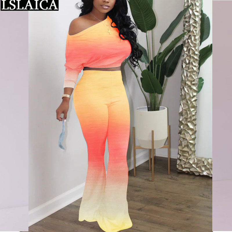 Two Piece Outfits Women Sets Tie Dye Print Crop Top Flare Pants Set Casual High Street Tracksuit Gym Sportswear Conjunto Mujer 210520