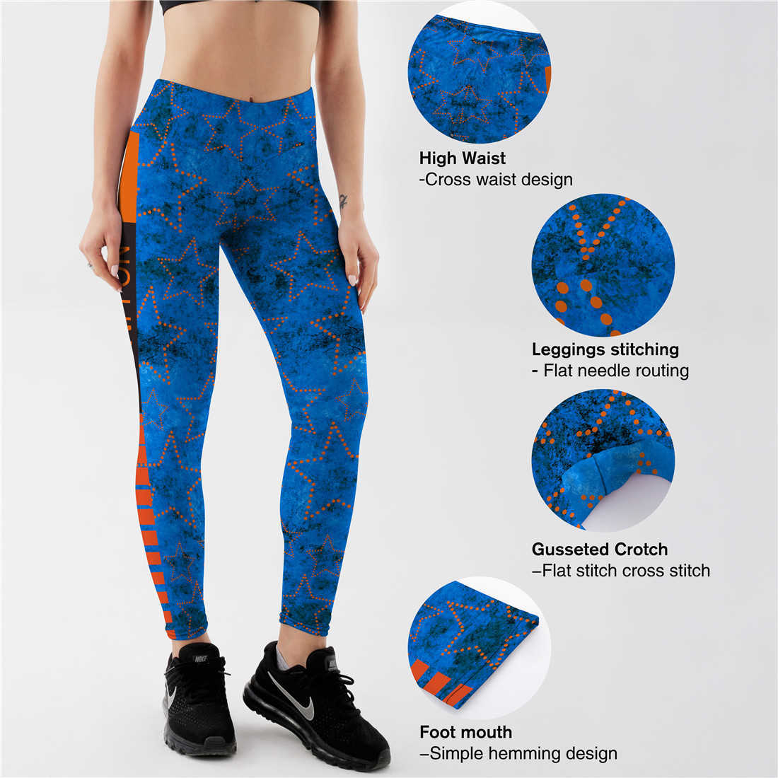 Hollow Star Pattern Printing Fitness Sportswear Elastic Force Leggings Vintage Blue High Waist Breathable Polyester Leggings 210820
