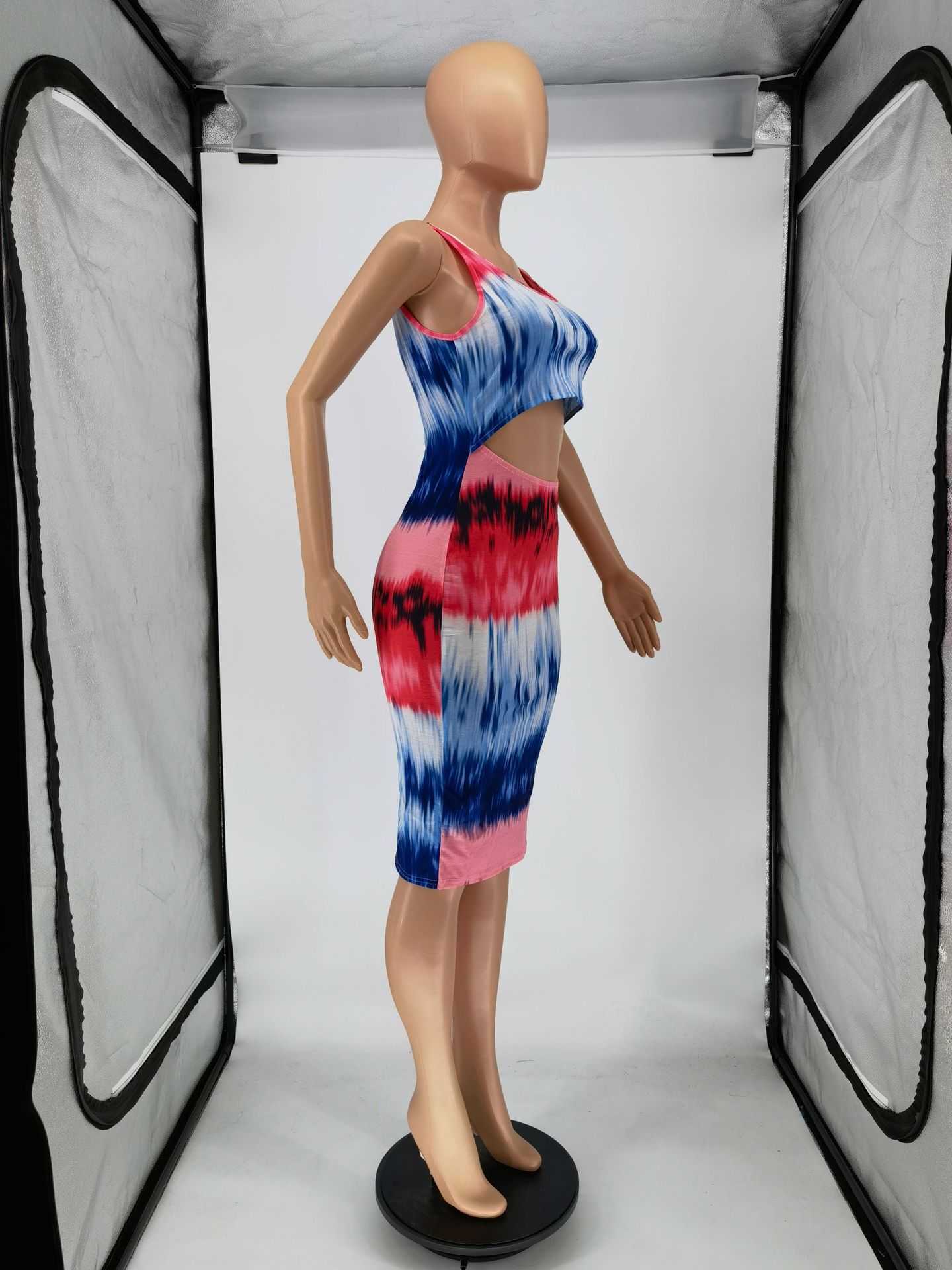 Women Tie Dye Printed Sleeveless Hollow Out Bodycon Midi Dress 210702