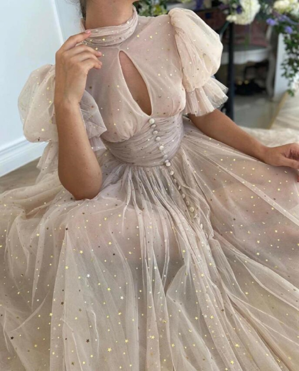 Vintage High Neck Starry Pastel Prom Dresses For Women Girls Short Sleeves A Line Princess Evening Gowns Tea-Length Women Party Dress Pockets