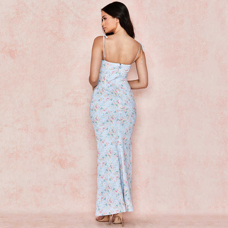 Colysmo Floral Party Dress Print Tie up Ruched Backless High Waist Blue Maxi Dresses for Women Casual Streetwear Chic Femme Robe 210527