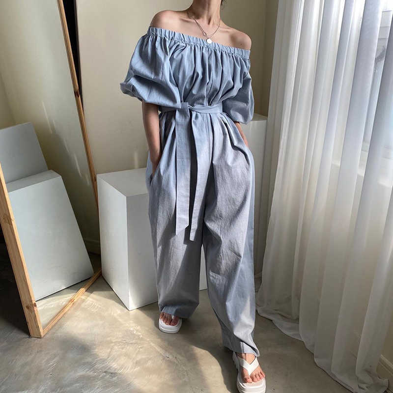 Korejpaa Women Jumpsuits Summer Korean Chic Temperament One-Word Collar Leaky Shoulders Folds Lace-Up Wide-Leg Jumpsuit 210526