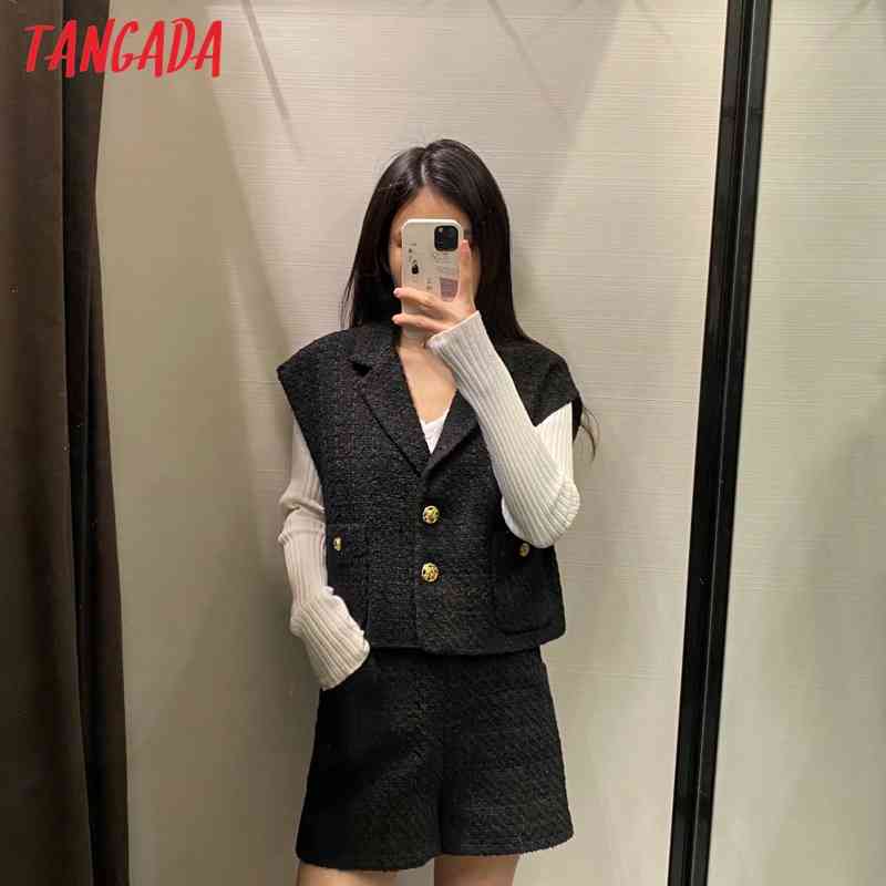 Women Fashion Black Tweed Vest Buttons Sleeveless Female Waistcoat Chic Tops 4M06 210416