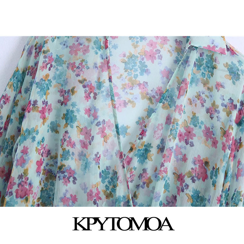 Women Fashion Semi-sheer Floral Print Cropped Blouses Long Sleeve Elastic Hem Female Shirts Chic Tops 210420