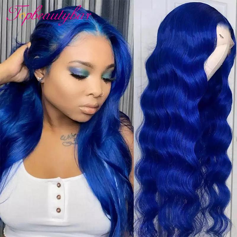 Wave Lace Front Wig Brazilian Colored Blue Human Hair Wigs Remy Pre Pluck For Women