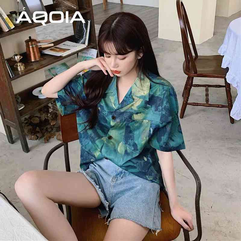 Summer Chic Korean style Tie dye Women Shirt Loose Short Sleeve Button Up Womens Blouses Plus Size Female Clothing 210521