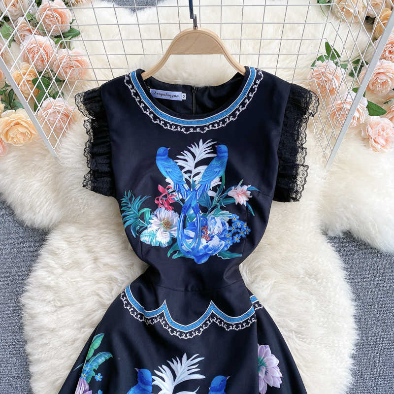 Women's Fashion Summer Sweet Lace Side Sleeveless Printed A-line Black Vest Dress Party Elegant Vestido De Mujer S281 210527