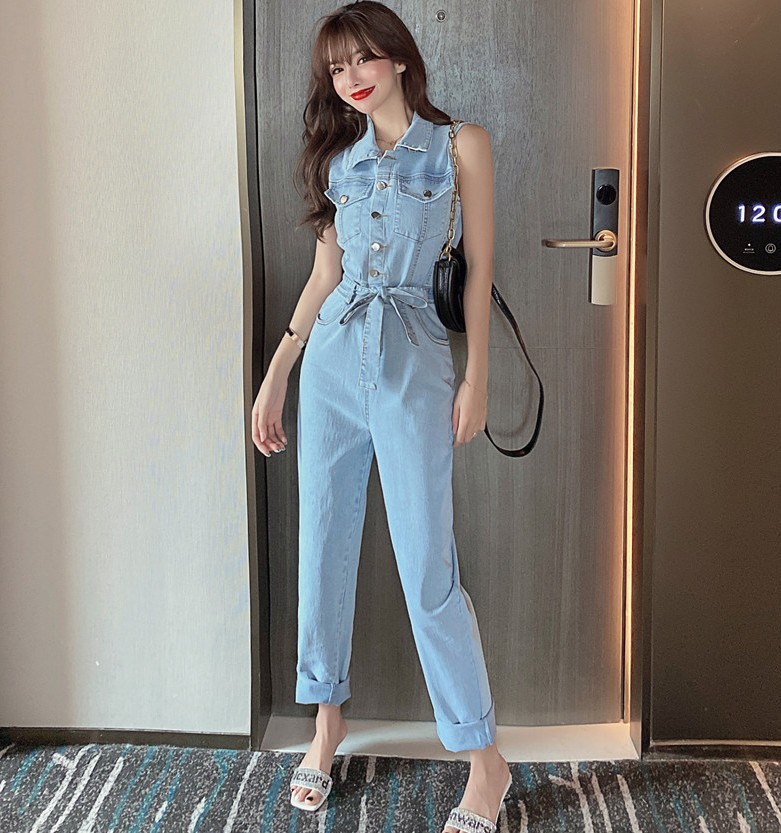 Summer Women Denim Overalls Korean Fashion Turn Down Collar Single-Breasted Sleeveless Rompers Jeans Female Slim Long Trousers 210519