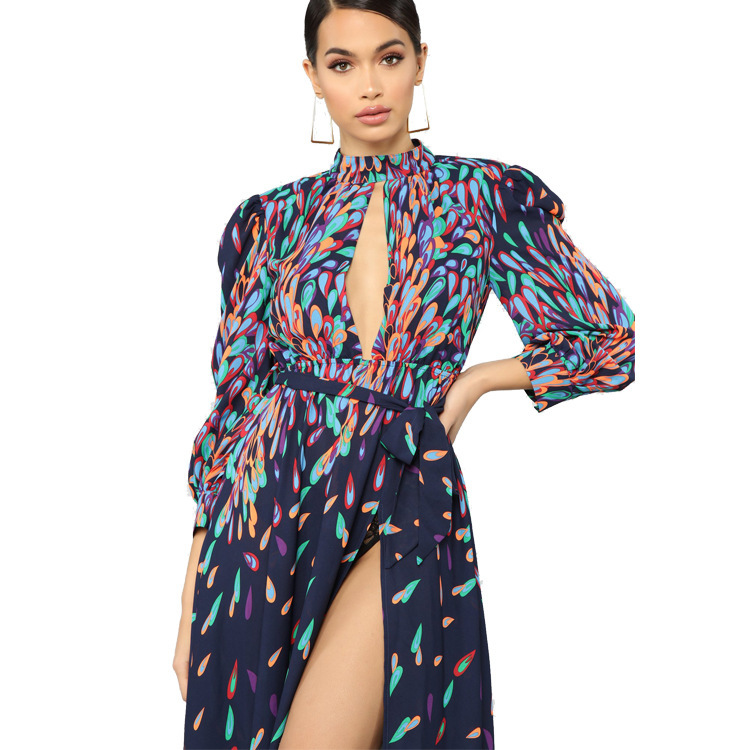 Women Dress Stand Collar Hollow Out Printed Sexy es Temperament Maxi Split Loose Long Summer es 210513