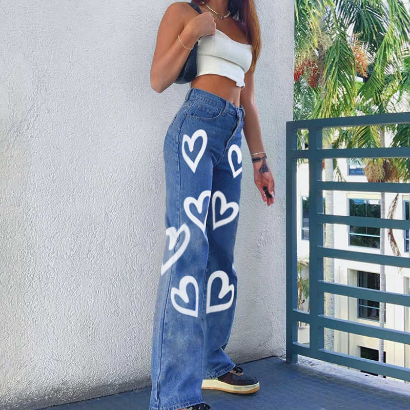 Casual Printed Heart Straight Slim Jeans Vintage High Waist Trousers Women Fashion Denim Pants Vaqueros Mujer Streetwear 210922