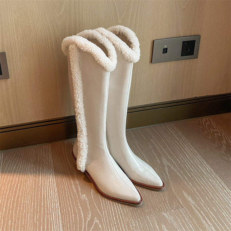 High Heel Western Boots Women Genuine Leather Knee Chunky Long Zip Pointed Toe Ladies Shoes White 210517