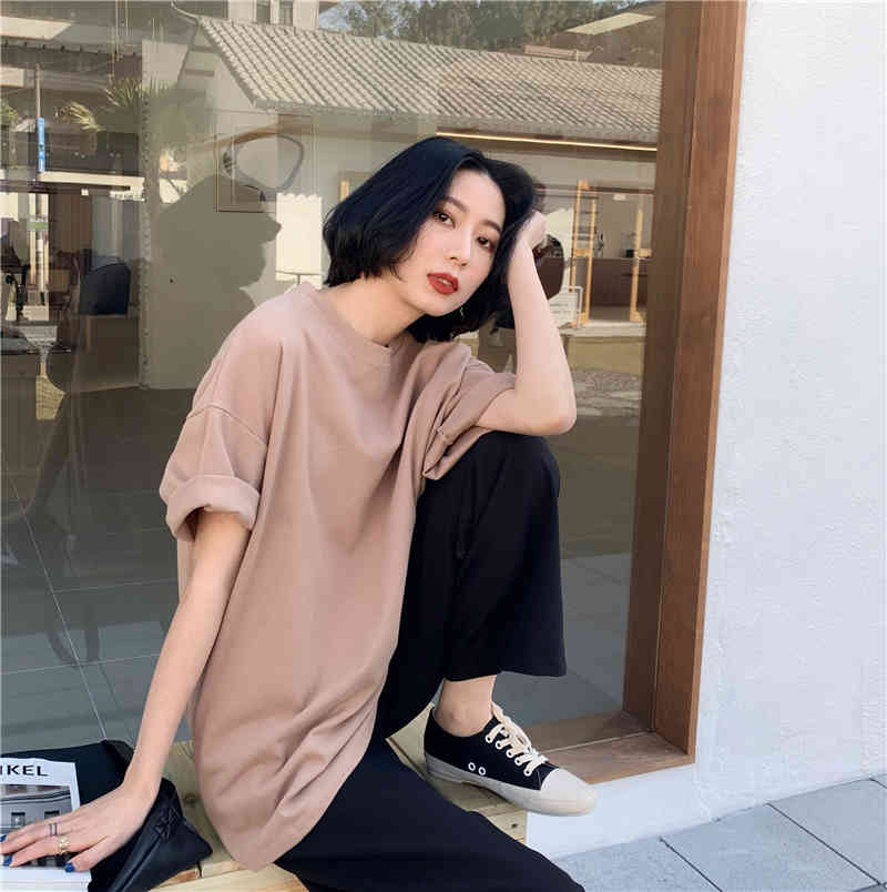 Cotton Ladies Clothing Solid Plus Size Women Tops and Blouse Short Sleeve Casual Loose O Neck Shirts 8779 50 210506