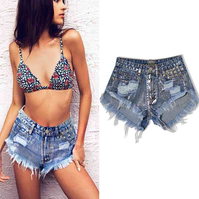 Summer jean shorts for woman high waisted women beach rivert ripped casual sexy denim plus size 210521
