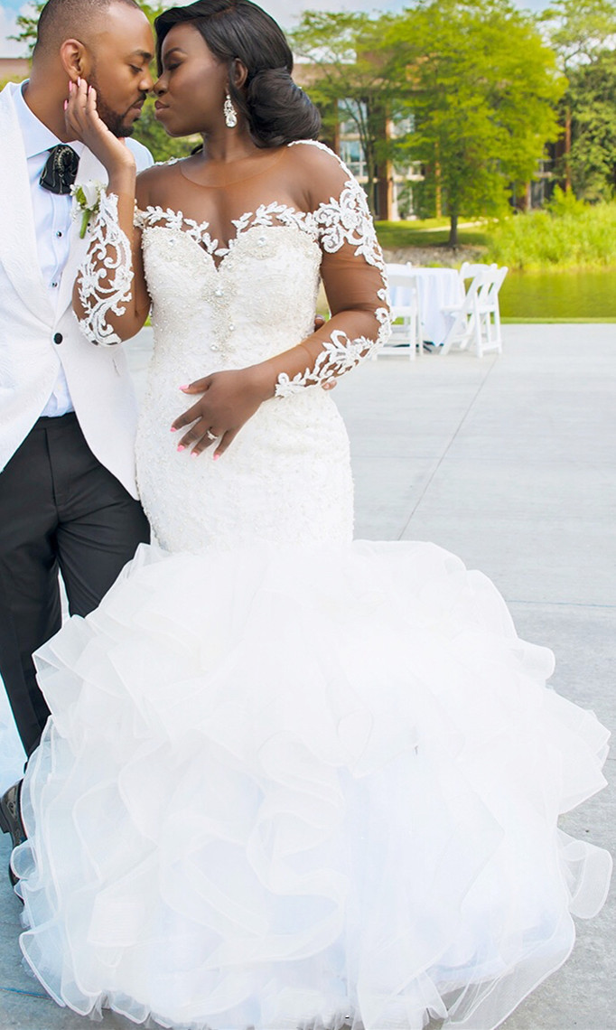 2021 Plus Size Arabic Aso Ebi Luxurious Lace Crystals Wedding Gowns Sheer Neck Mermaid Long Sleeves Bridal Dresses ZJ474