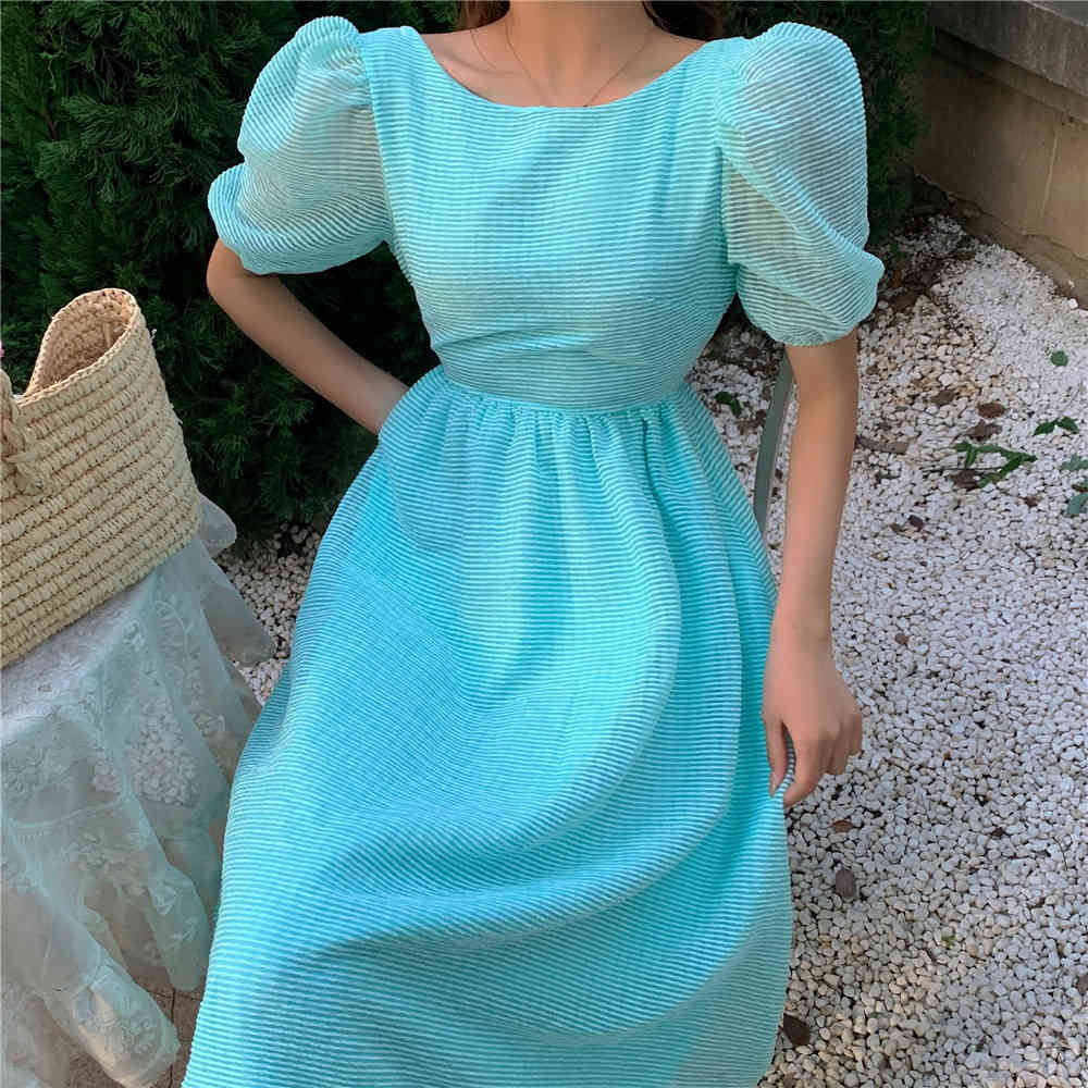 Summer Women Solid Puff Sleeve Korean Style Fairy Dress Sexy Backless Kawaii Elegant Vintage Party 210519