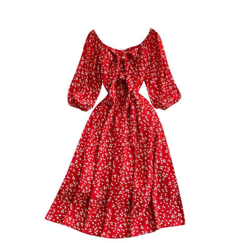 DEAT Women Printing Dress Square Collar Three Quarter Sleeve Arrivals Lady Temperament Fashion Spring Summer 11D562 210709