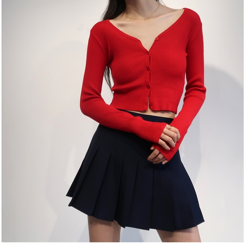 European slim thin short V-neck long-sleeved wool knitted cardigan women spring autumn stretch single-breasted top sweater 76RJ 210603
