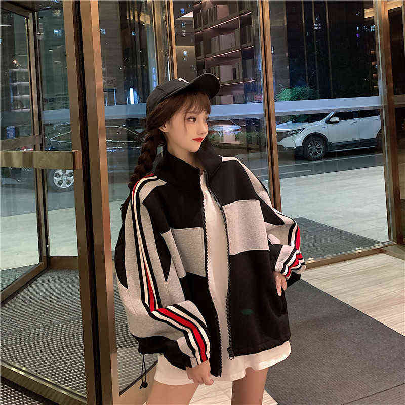 Raglan Sleeve Sweatshirt With Pocket loose plus velvet Hoodies Poleron Mujer Zip Up Hoodie For Women Contrast Color Student tops 211109