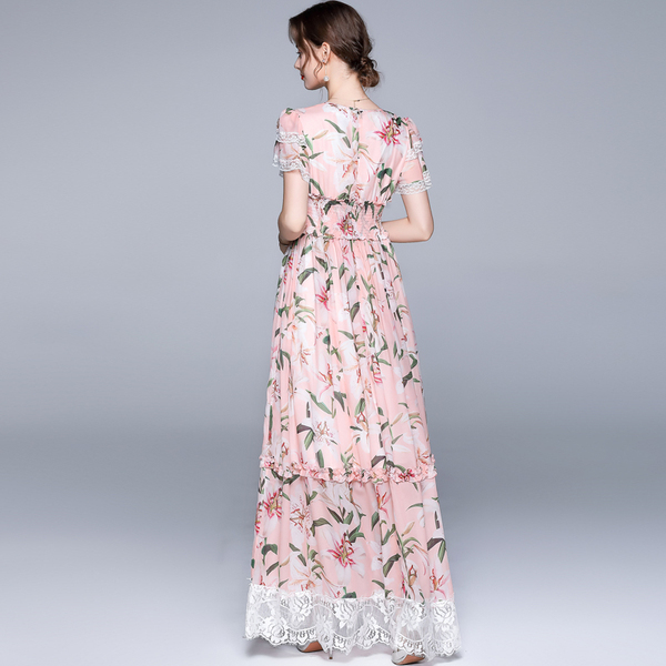 Women Summer Dress Sweet Floral Print Lace Patchwork Chiffon Long Dress Vintage Ladies Elegant High Waist Holiday Maxi Dress 210518